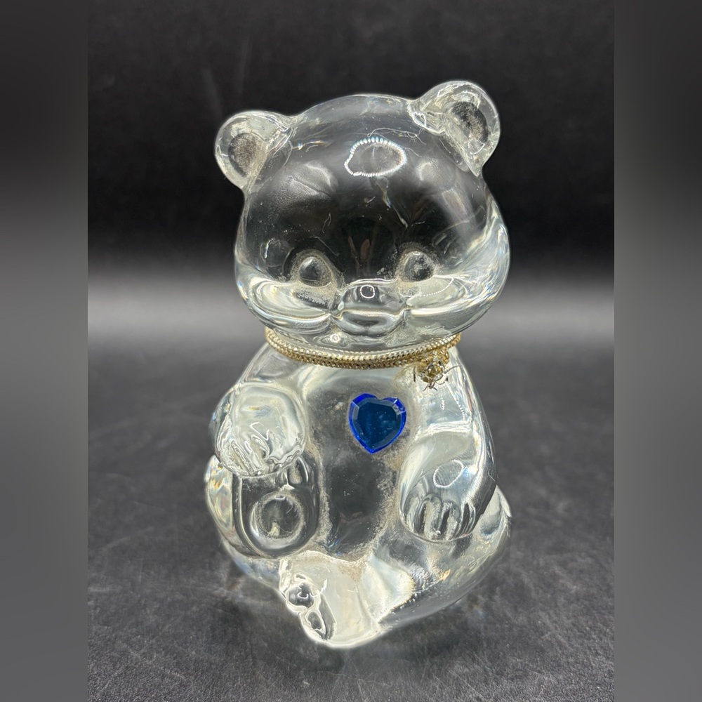 Fenton Clear Art Glass Birth Stone Teddy Bear Paperweight, Blue Heart, September